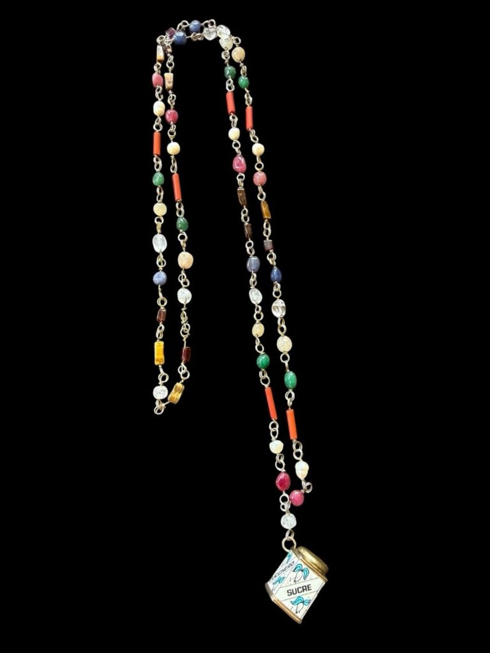 VTG Novelty Sugar Canister Pendant Necklace Multi Gemstone Beaded Chain Charm